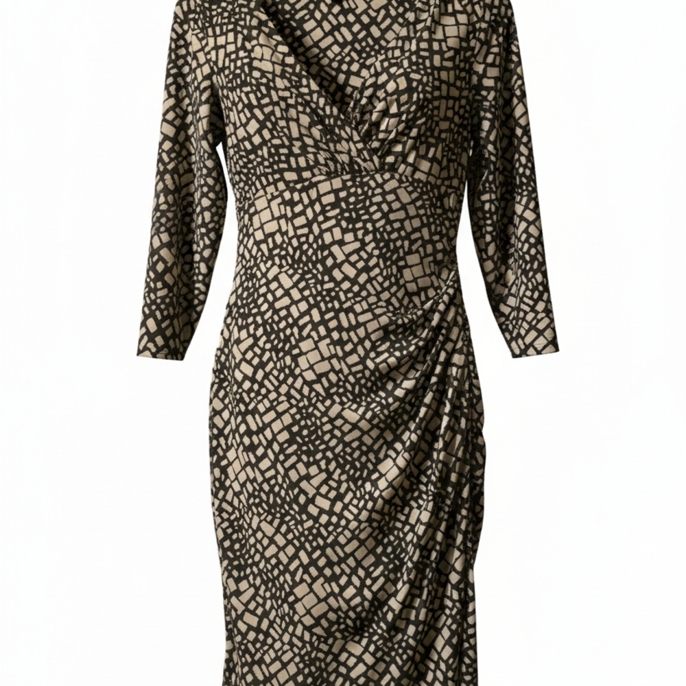 LAUREN Ralph Lauren Size 12 Beige and Gray Printed Wrap-Style Women's Dress